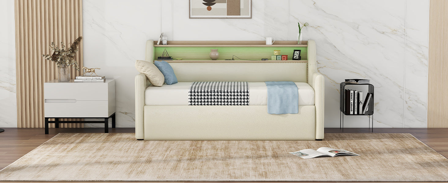 Twin Size Daybed With Hydraulic Storage, Upholstered Daybed With Lift Up Storage, Twin Leather Daybed With Charging Station And Led Lights,Beige Twin Beige Pu Leather