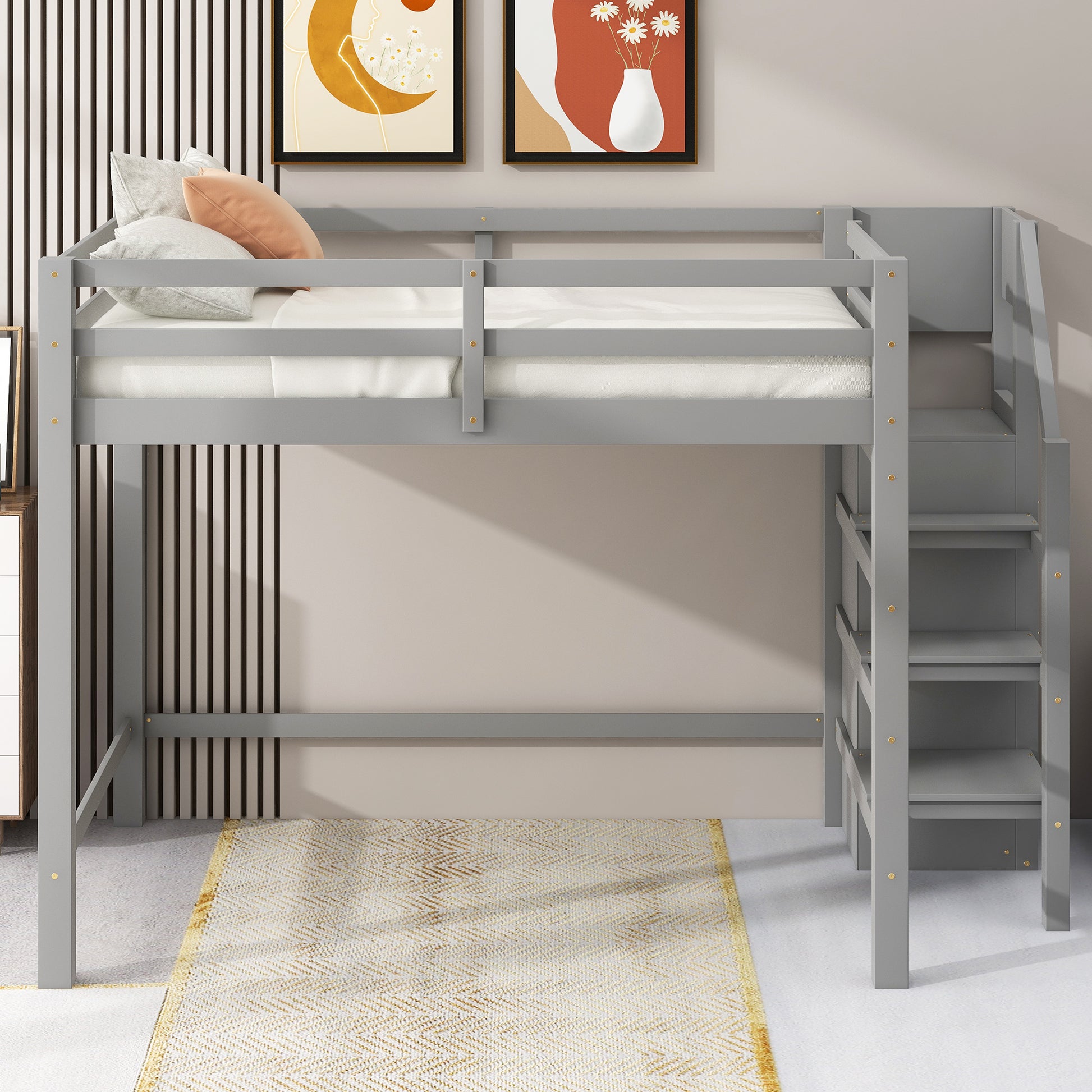Full Size Loft Bed With Built In Storage Wardrobe And Staircase, Gray Old Sku:Sm000527Aae Box Spring Not Required Full Gray Wood Bedroom Pine