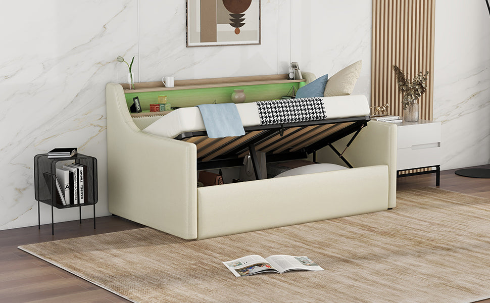 Twin Size Daybed With Hydraulic Storage, Upholstered Daybed With Lift Up Storage, Twin Leather Daybed With Charging Station And Led Lights,Beige Twin Beige Pu Leather