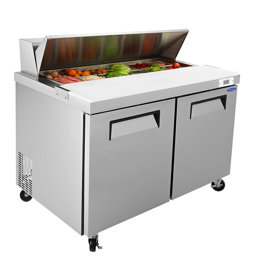 Orikool 48 In Commercial Refrigerators Sandwich&Salad Prep Table With A Butcher Block Cutting Board, Protection Lid, Cold Storage, Etl Certified Silver Stainless Steel