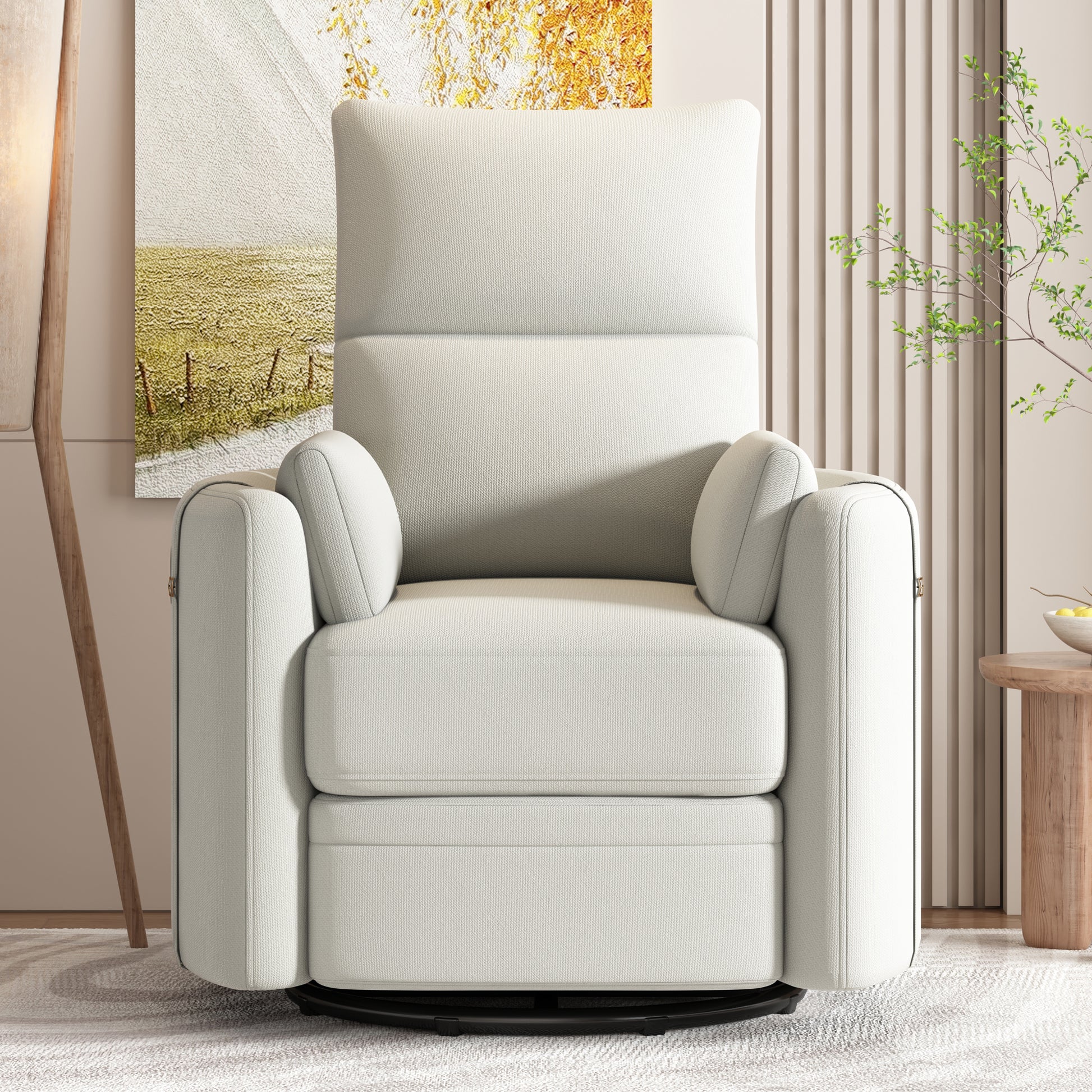 Upholstered Swivel Recliner Manual Rocker Recliner Chair Baby Nursery Chair With Two Removable Pillows For Living Room, Beige Beige Foam Linen