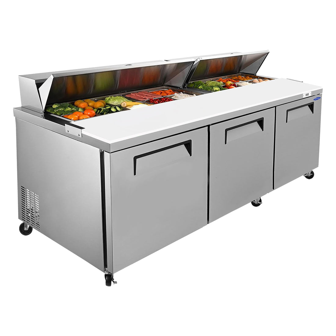 Orikool 72 In Commercial Refrigerators Sandwich&Salad Prep Table With A Butcher Block Cutting Board, Protection Lid, Cold Storage, Etl Certified Silver Stainless Steel