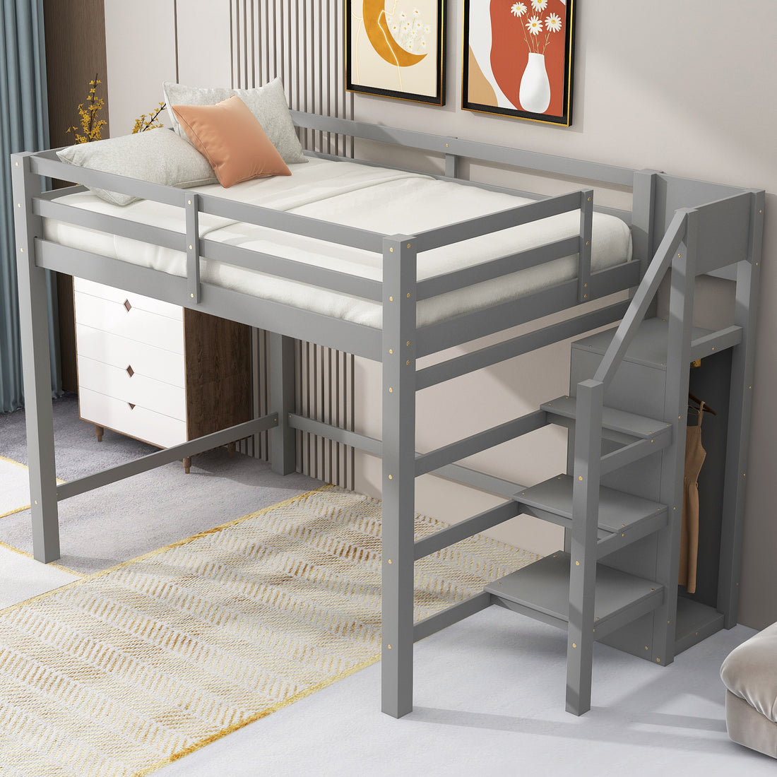 Full Size Loft Bed With Built In Storage Wardrobe And Staircase, Gray Old Sku:Sm000527Aae Box Spring Not Required Full Gray Wood Bedroom Pine