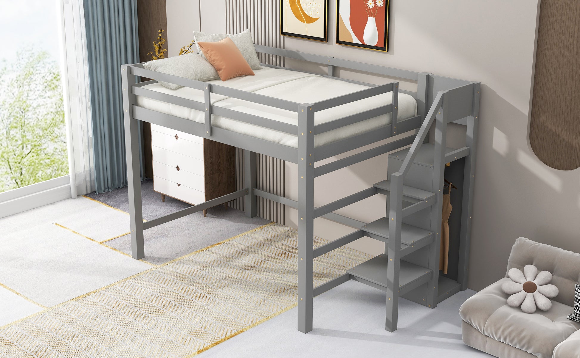 Full Size Loft Bed With Built In Storage Wardrobe And Staircase, Gray Old Sku:Sm000527Aae Box Spring Not Required Full Gray Wood Bedroom Pine