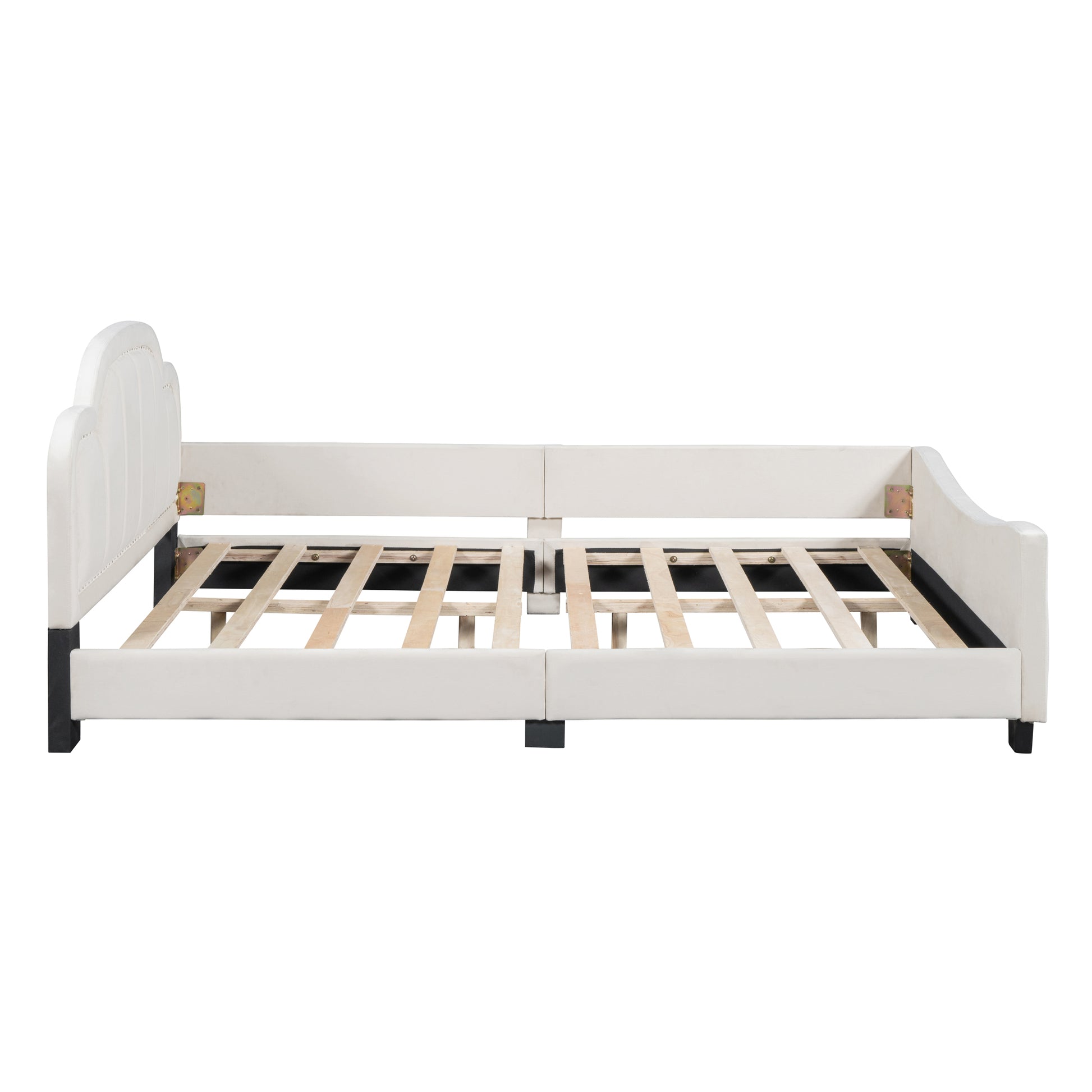 Full Size Upholstered Daybed With Cloud Shaped Headboard, Embedded Elegant Copper Nail Design, Beige Beige Velvet