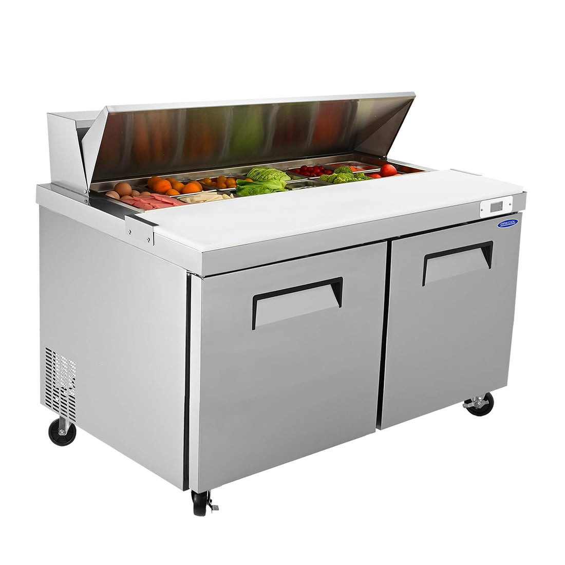Orikool 60 In Commercial Refrigerators Sandwich&Salad Prep Table With A Butcher Block Cutting Board, Protection Lid, Cold Storage, Etl Certified Silver Stainless Steel