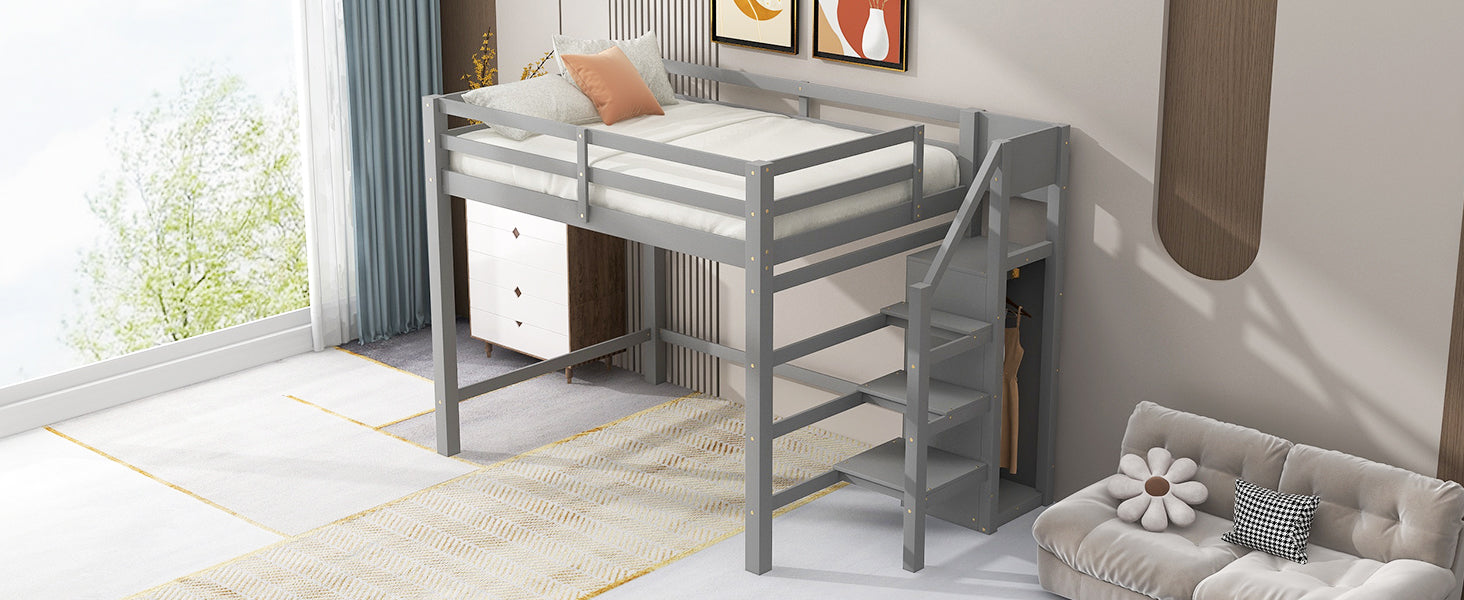 Full Size Loft Bed With Built In Storage Wardrobe And Staircase, Gray Old Sku:Sm000527Aae Box Spring Not Required Full Gray Wood Bedroom Pine