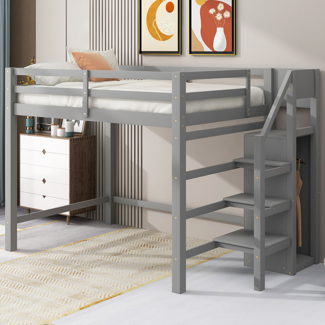 Full Size Loft Bed With Built In Storage Wardrobe And Staircase, Gray Old Sku:Sm000527Aae Box Spring Not Required Full Gray Wood Bedroom Pine