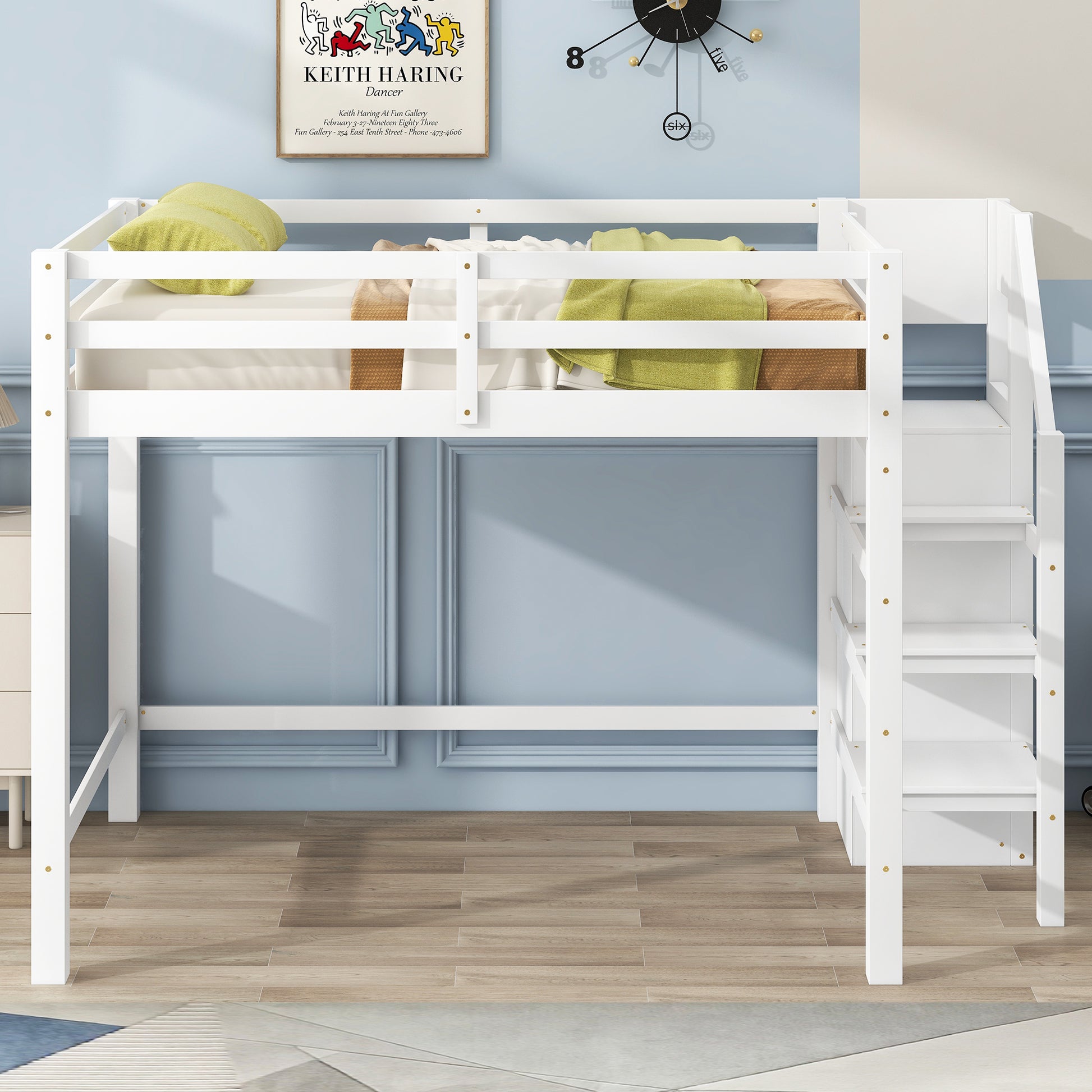 Full Size Loft Bed With Built In Storage Wardrobe And Staircase, White Box Spring Not Required Full White Wood Bedroom Pine