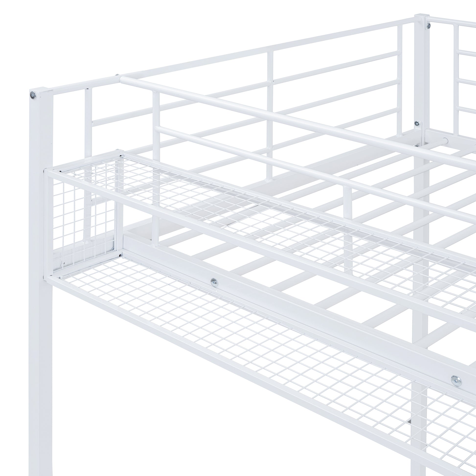 Twin Size Metal Loft Bed With Upper Grid Storage Shelf And Lateral Storage Ladder, White White Mdf Metal