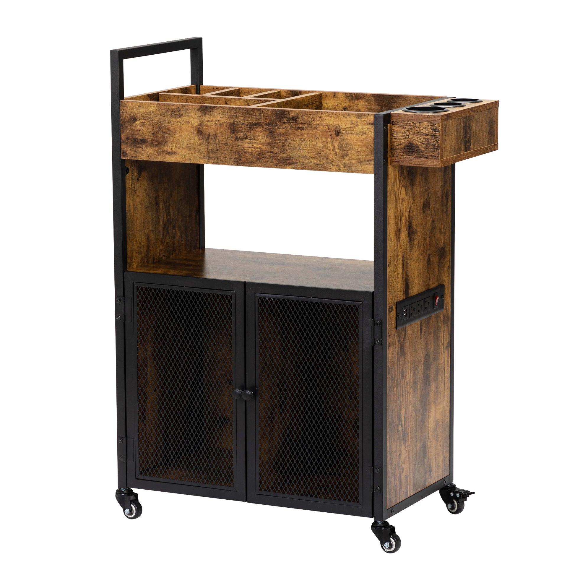3 Tier Salon Trolley, Rolling Beauty Stylist Cart With Cabinet, Dryer Holders, Charging Station, Salon Spa Bathroom, Rustic Brown Rustic Brown Mdf