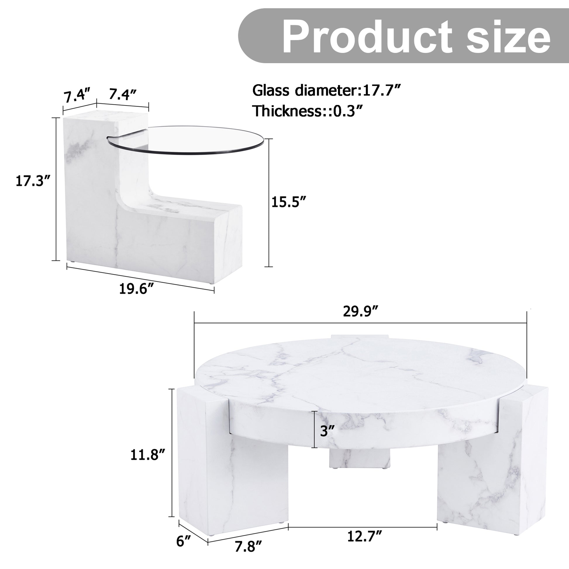 A Modern, Fashionable, And Durable Marble Textured Mdf Coffee Table With A Side Table. Match With Multiple Scenes. Suitable For Living Room And Bedroom. White Mdf Glass