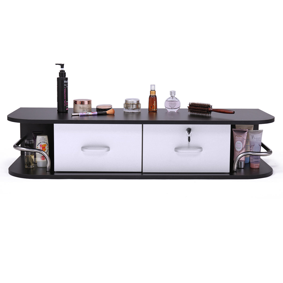 Wall Mounted Barber Station, Beauty Table With Locking Drawer, Beauty Spa Salon Styling Equipment, Black And White Black White Particle Board