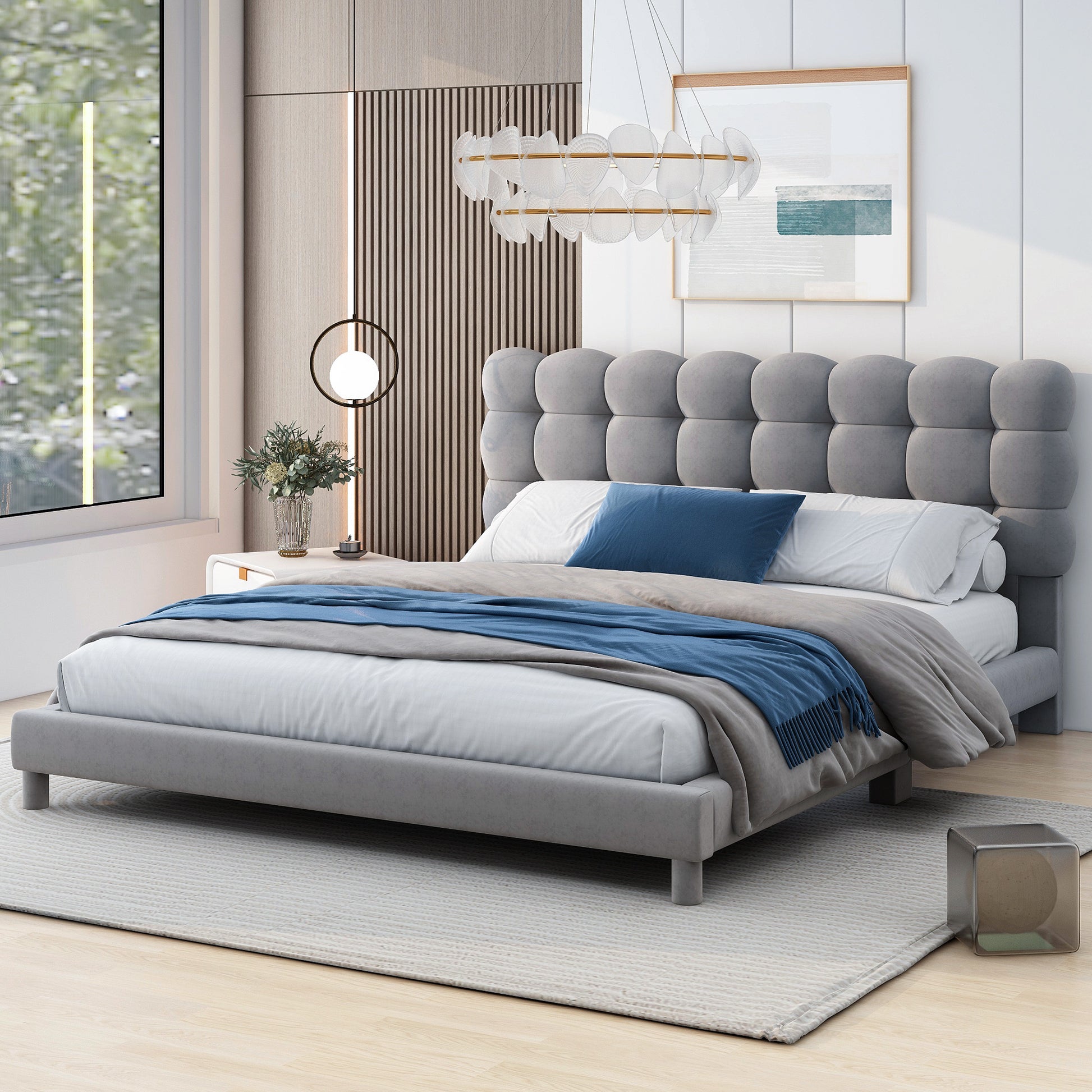 Full Size Upholstered Platform Bed With Soft Headboard,Gray Gray Upholstered