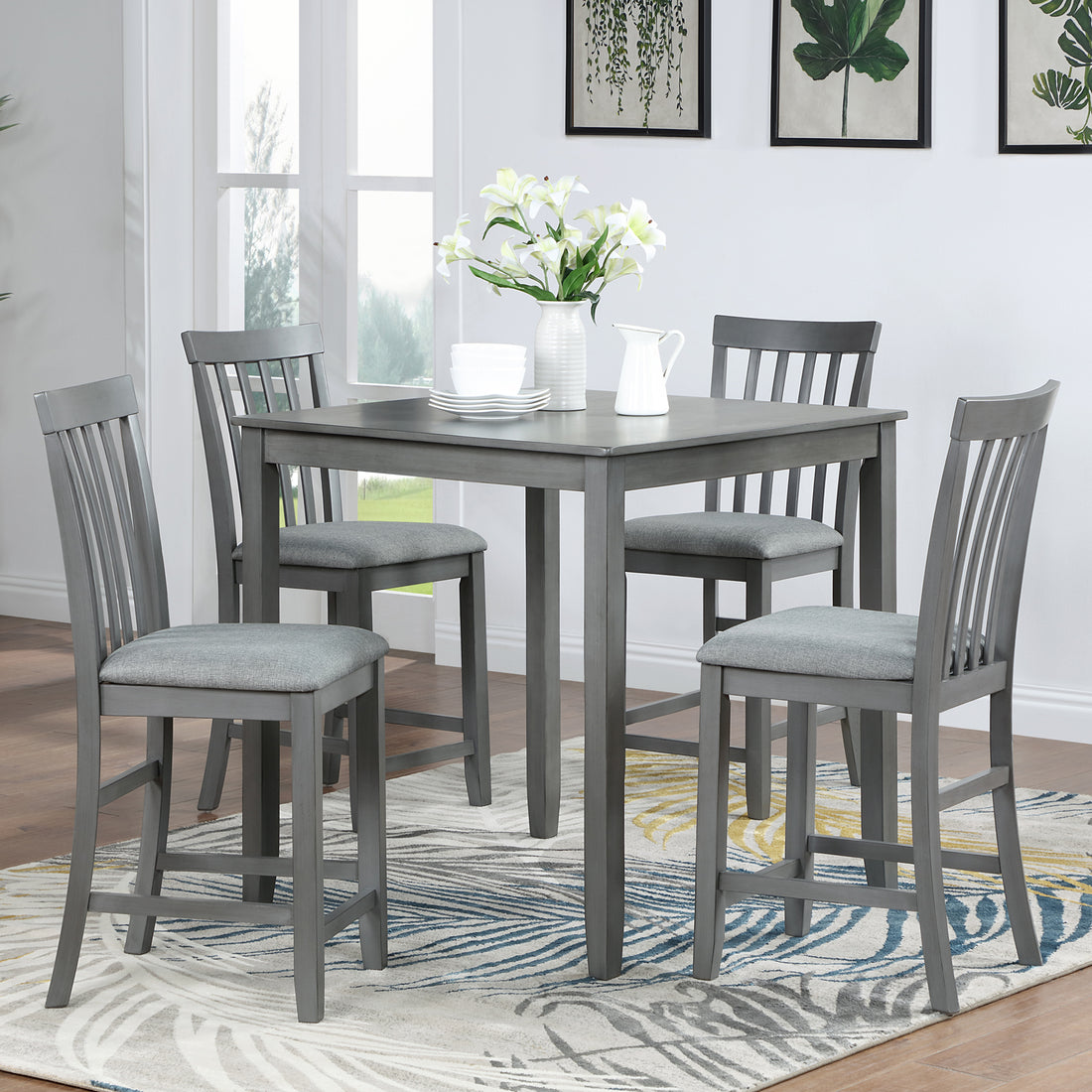 5 Piece Dining Table Set, Wooden Dining Square Table Set For 4, Counter Height Kitchen Table Set With Square Table And 4 Upholstered Chairs For Small Space, Gray Wood Gray Seats 4 Gray Wood Dining Room Acacia 4 Leg Square Dining Table With Chair Acacia