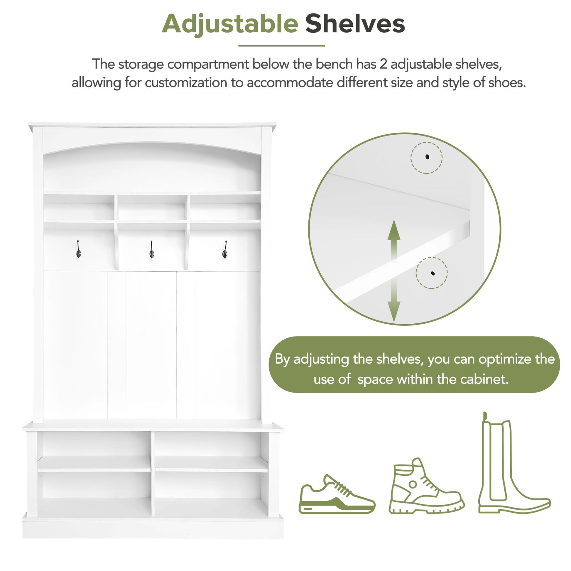 47.2'' Wide Hall Tree With Bench And Shoe Storage, Multi Functional Storage Bench With 3 Hanging Hooks & Open Storage Space, Rectangle Storage & Shelves Coat Rack For Hallway, White White Primary Living Space Shelves Particle Board