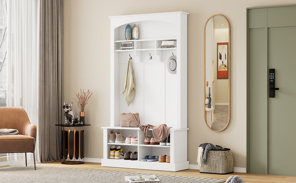 47.2'' Wide Hall Tree With Bench And Shoe Storage, Multi Functional Storage Bench With 3 Hanging Hooks & Open Storage Space, Rectangle Storage & Shelves Coat Rack For Hallway, White White Primary Living Space Shelves Particle Board
