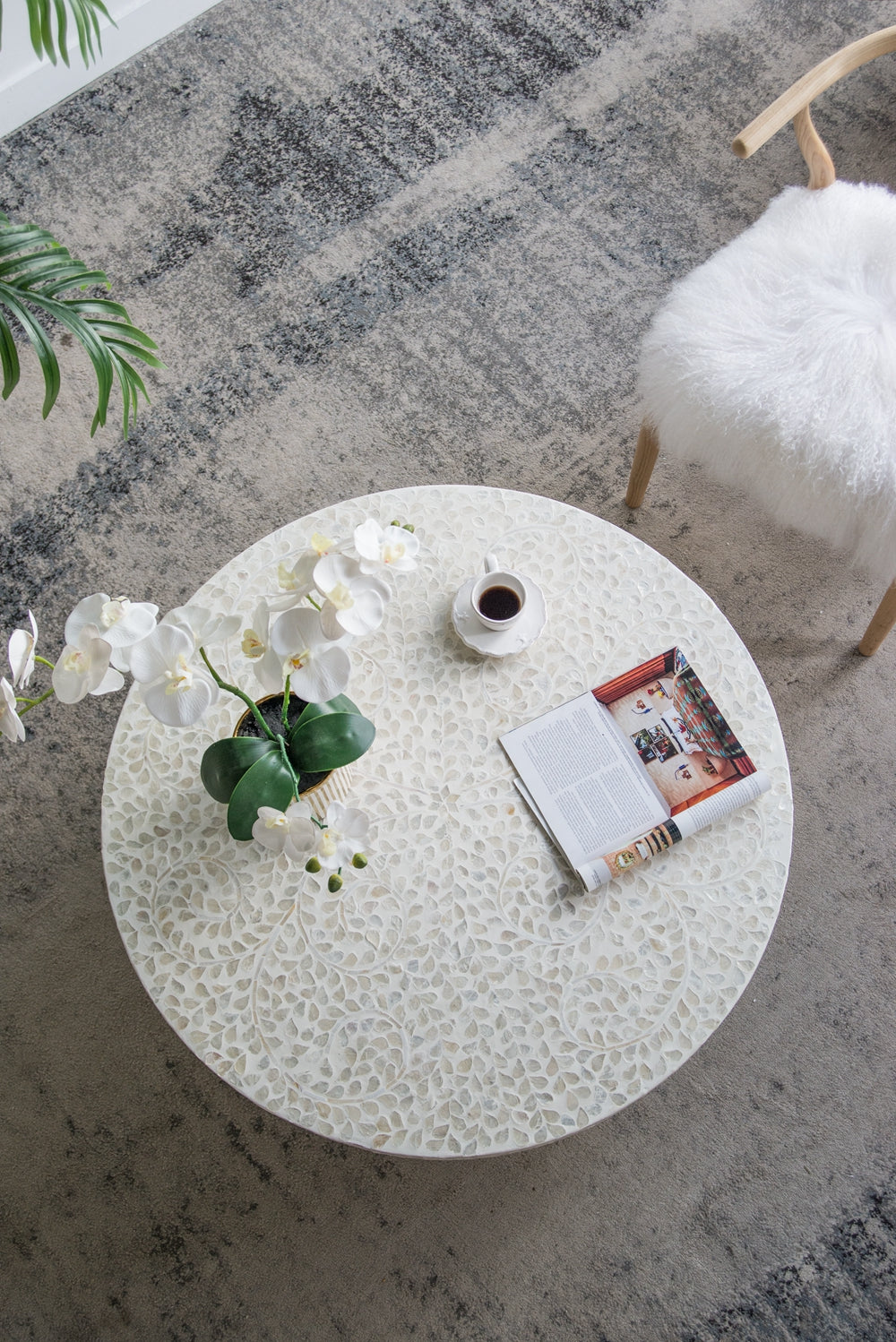 35X35X16" Unique Cream Capiz Coffee Table With Gold Pedestal Base Multi Primary Living Space Beach,Boho,Casual,Coastal,Modern Mdf