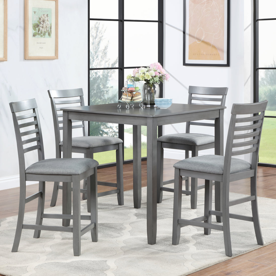 5 Piece Dining Table Set, Wooden Dining Square Table Set For 4, Counter Height Kitchen Table Set With Square Table And 4 Upholstered Chairs For Small Space, Gray Wood Gray Seats 4 Gray Wood Dining Room Acacia 4 Leg Square Dining Table With Chair Acacia