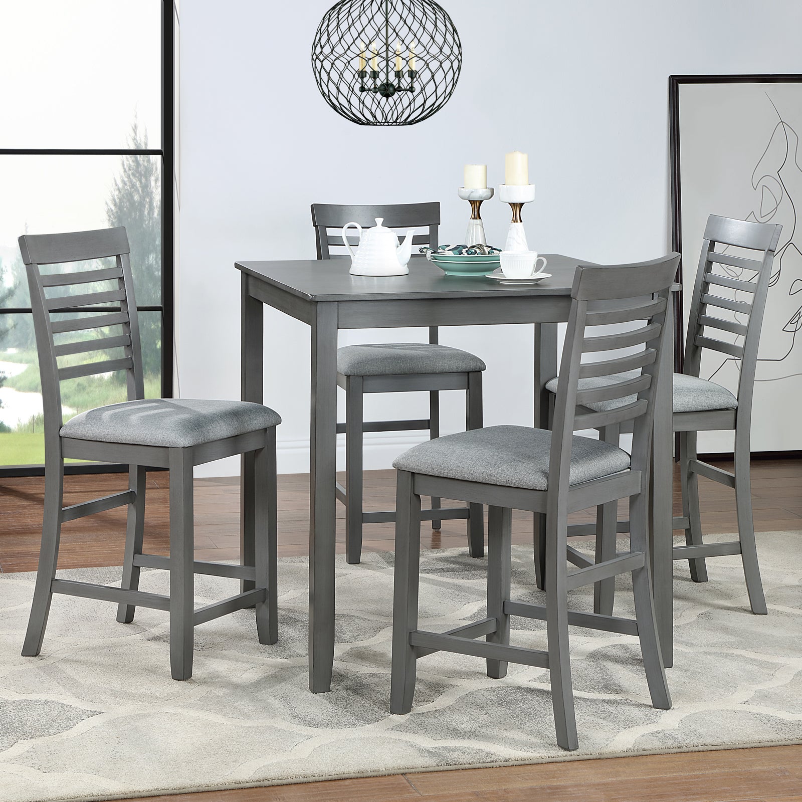 5 Piece Dining Table Set, Wooden Dining Square Table Set For 4, Counter Height Kitchen Table Set With Square Table And 4 Upholstered Chairs For Small Space, Gray Wood Gray Seats 4 Gray Wood Dining Room Acacia 4 Leg Square Dining Table With Chair Acacia