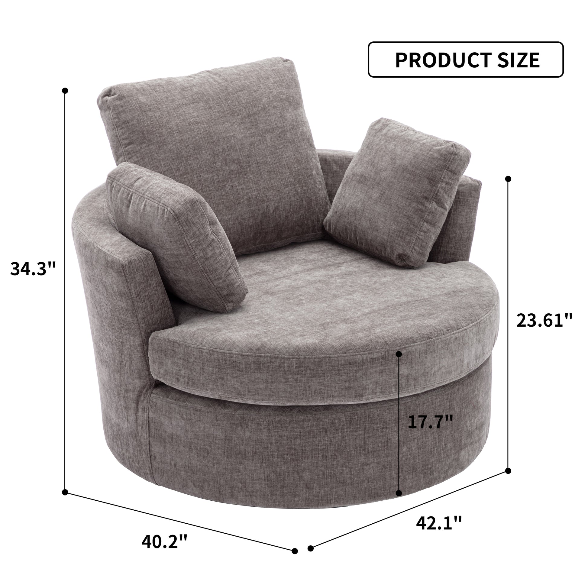 Oversize Round Swivel Chair Cozy Club 360 Degrees Swivel Sofa With 3 Pillows Chenille Fabric For Living Room Lounge Hotel 40.2D X 42.1W X 34.3H Inch Gray Mdf Steel