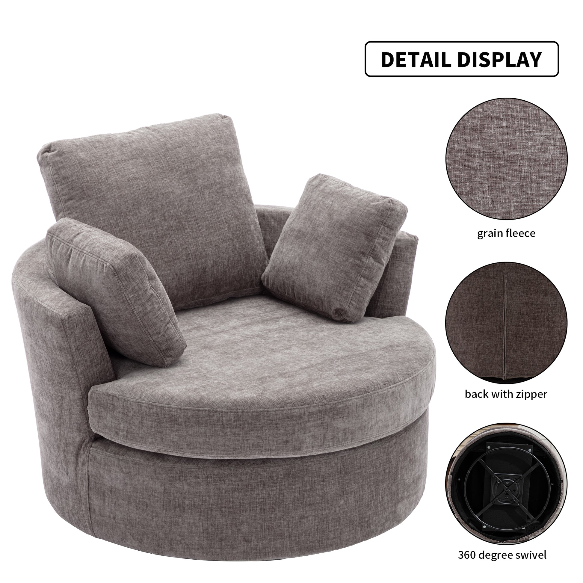 Oversize Round Swivel Chair Cozy Club 360 Degrees Swivel Sofa With 3 Pillows Chenille Fabric For Living Room Lounge Hotel 40.2D X 42.1W X 34.3H Inch Gray Mdf Steel
