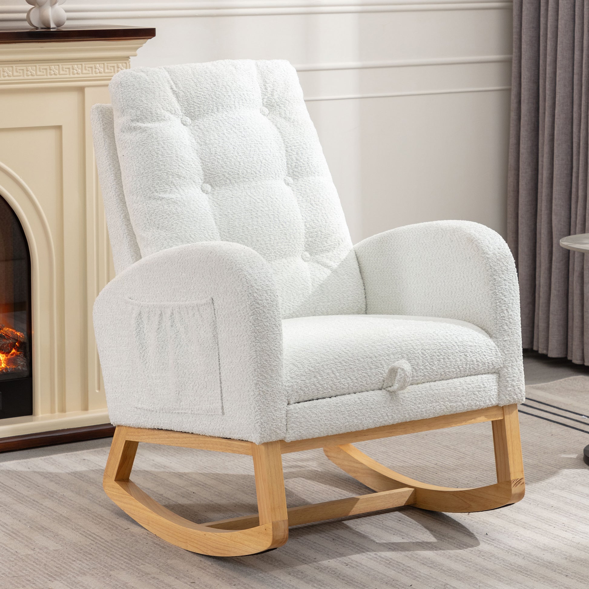 Accent Rocking Chair With Footrest High Back Rubber Wood Rocking Legs Bedroom Living Space26.77D X 38.36W X 39.76H Inch White Primary Living Space Casual Accent Chairs Rubberwood Foam Foam Spring