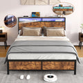 Industrial Queen Bed Frame With Led Lights And 2 Usb Ports, Bed Frame Full Size With Storage, Noise Free, No Box Spring Needed, Rustic Brown Rustic Brown Metal