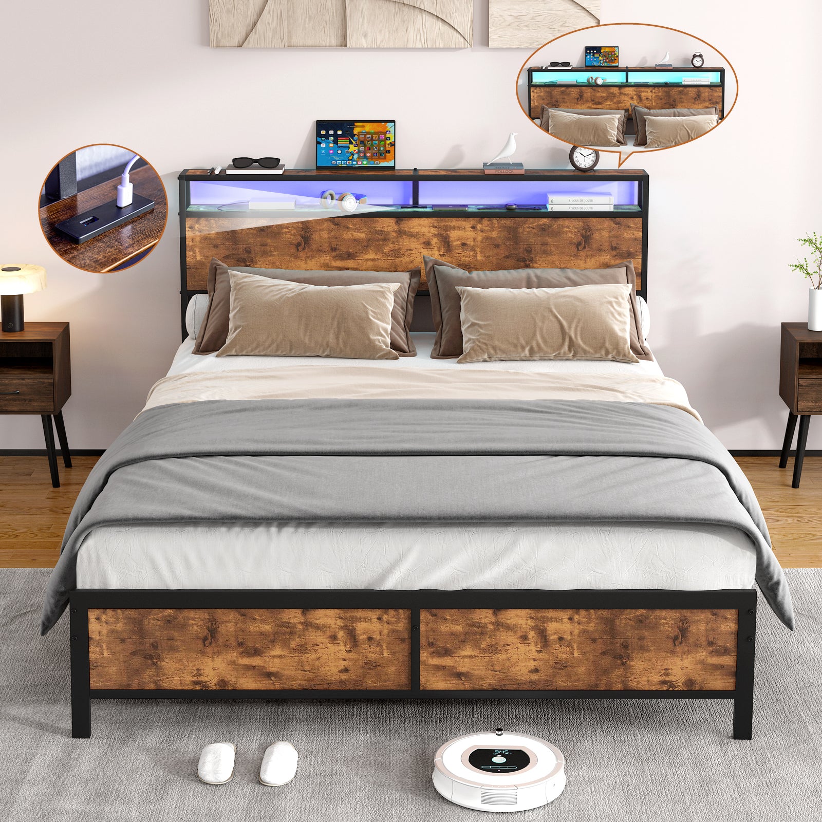 Industrial Queen Bed Frame With Led Lights And 2 Usb Ports, Bed Frame Full Size With Storage, Noise Free, No Box Spring Needed, Rustic Brown Rustic Brown Metal
