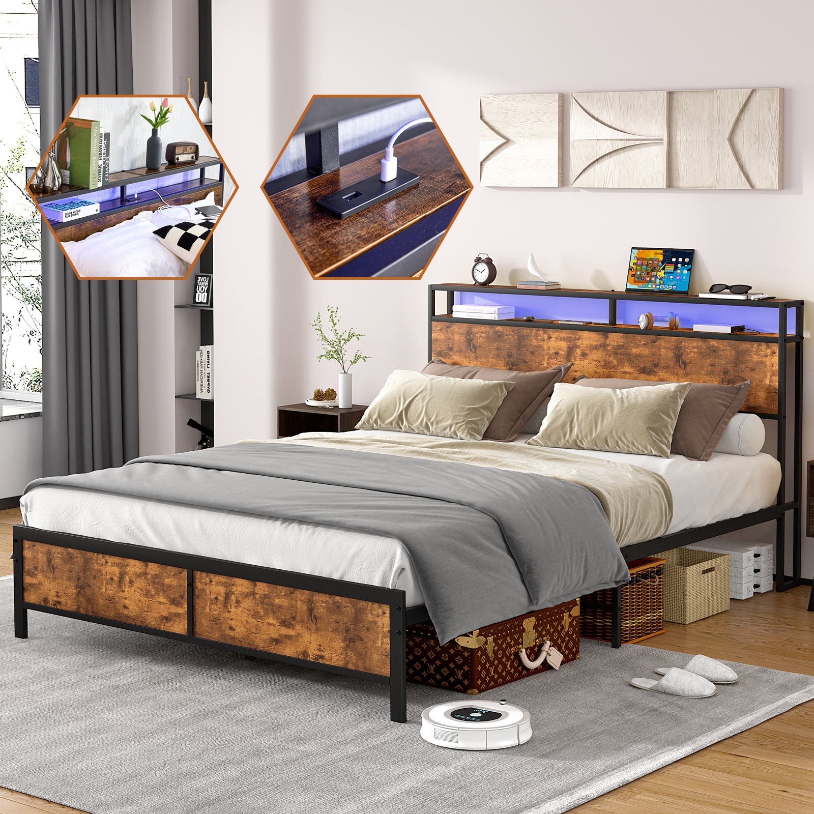 Industrial Queen Bed Frame With Led Lights And 2 Usb Ports, Bed Frame Full Size With Storage, Noise Free, No Box Spring Needed, Rustic Brown Rustic Brown Metal