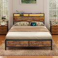 Industrial Queen Bed Frame With Led Lights And 2 Usb Ports, Bed Frame Full Size With Storage, Noise Free, No Box Spring Needed, Rustic Brown Rustic Brown Metal