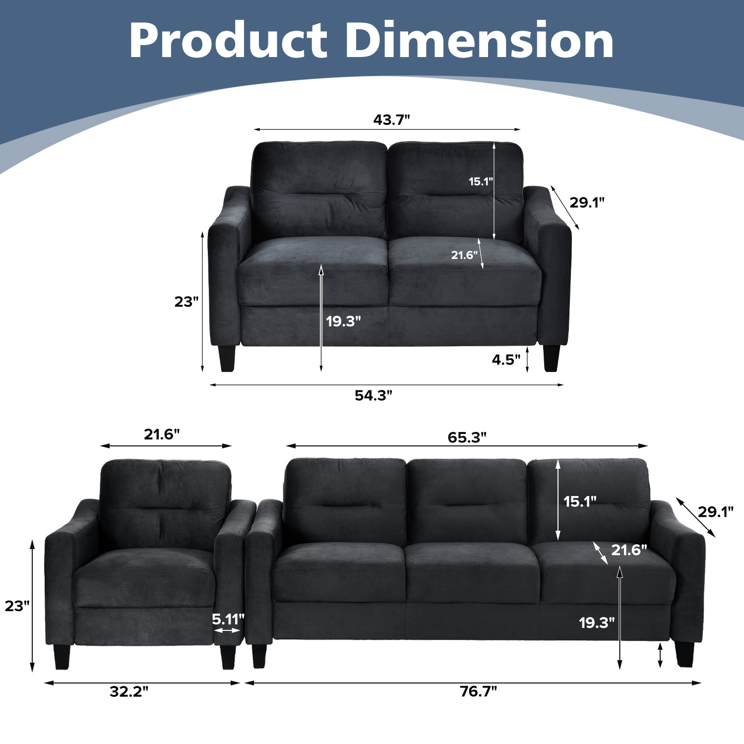 Couch Comfortable Sectional Couches Set 1 2 3 Black Velvet Wood Primary Living Space Soft Tufted Back Medium Duty Art Deco Oak Square Arms Memory Foam Velvet 6 Seat