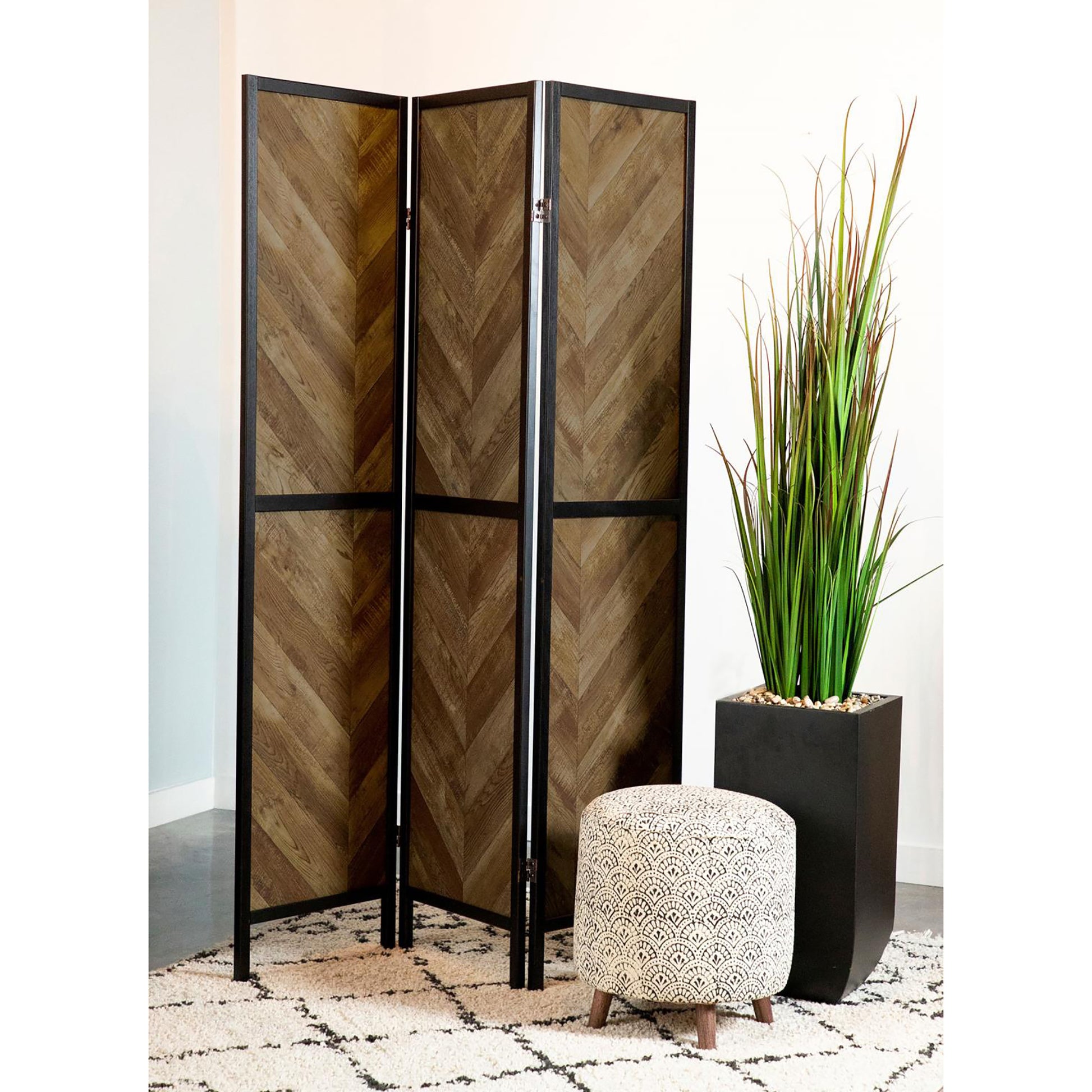Rustic Herringbone 3 Panel Folding Screen Brown Farmhouse,Rustic Wood