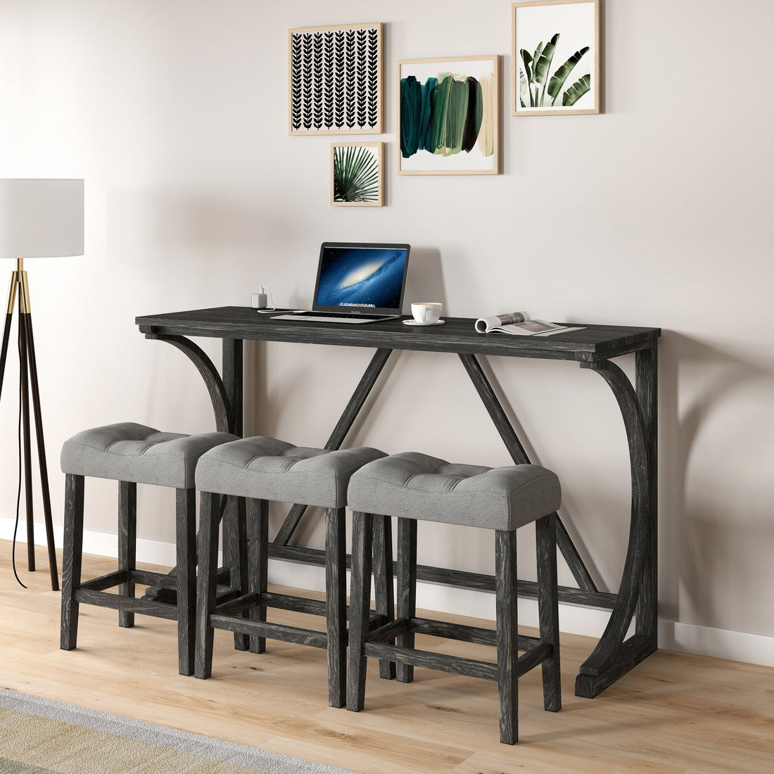 Bar Table Set With Power Outlet, Bar Table And Chairs Set, 4 Piece Dining Table Set, Industrial Breakfast Table Set, For Living Room, Dining Room, Game Room Grey Black Solid Wood Mdf