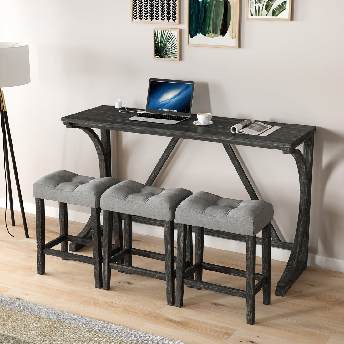 Bar Table Set With Power Outlet, Bar Table And Chairs Set, 4 Piece Dining Table Set, Industrial Breakfast Table Set, For Living Room, Dining Room, Game Room Grey Black Solid Wood Mdf