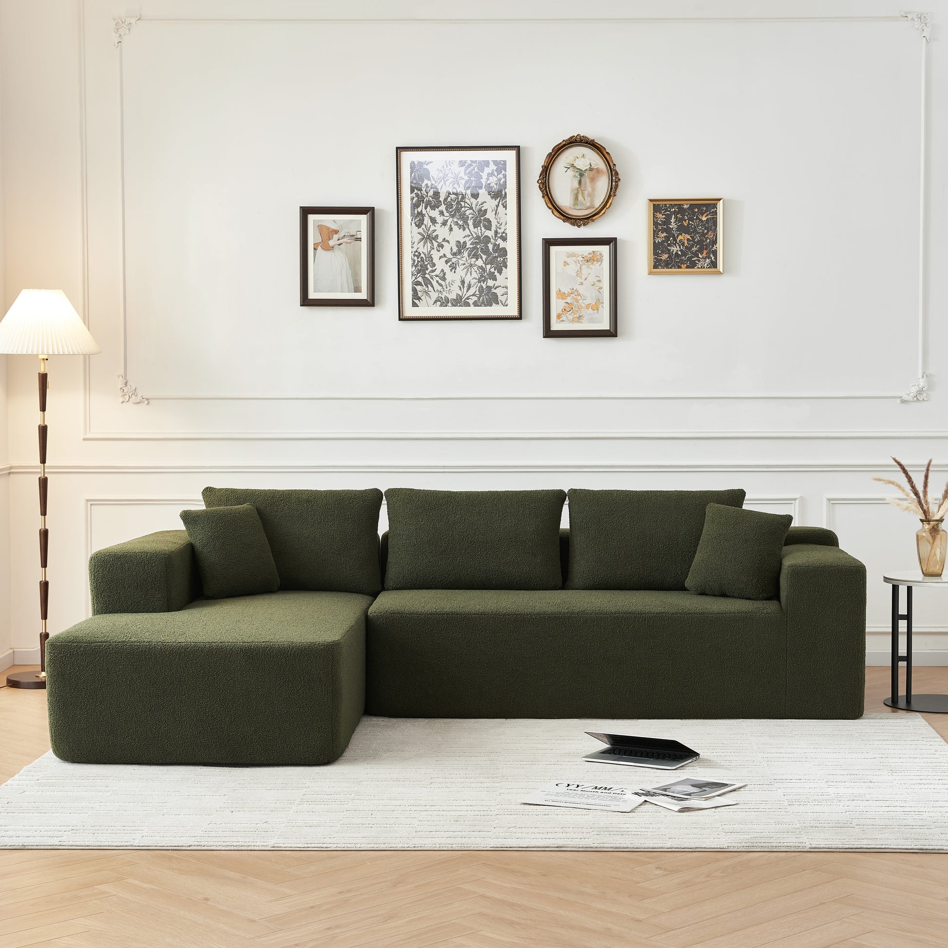 104.33" Sponge Sectional Sofa Couch For Living Room, L Shaped Modern Lamb Modular High Density Sponge Floor Sofa, Sherpa Fabric Sofa Couch With Chaise Lounge, Upholstered Corner Cloud Couch, Green Green Primary Living Space Soft Pillow Back Square Arms