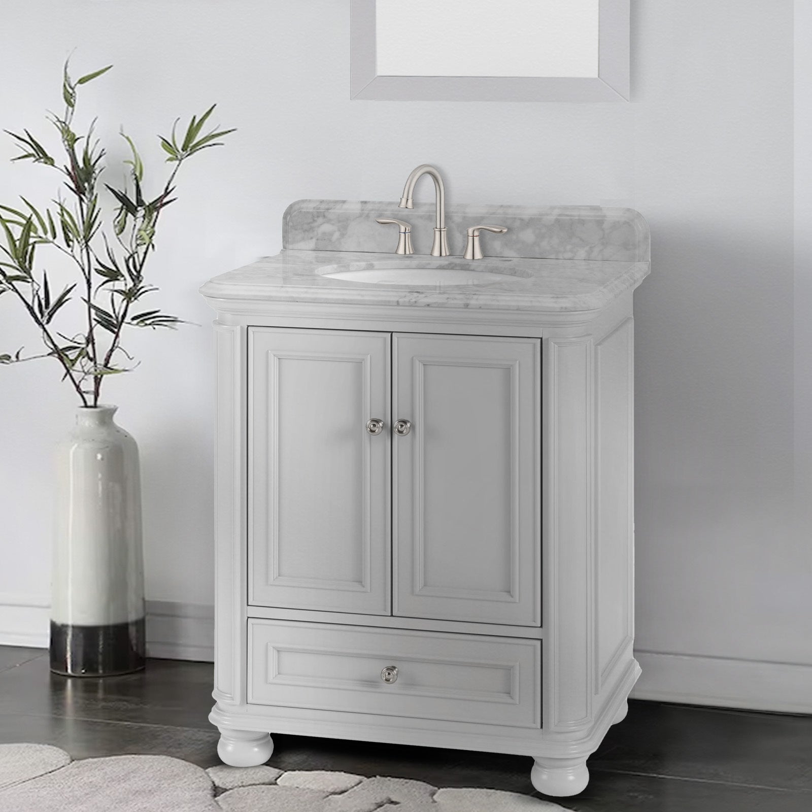 30'' Bathroom Vanity With Carrara Natural Marble Top And Backsplash, Bathroom Storage Cabinet With Doors And Drawers In Grey 1 Gray 2 Rust Resistant Bathroom Freestanding Traditional Mdf