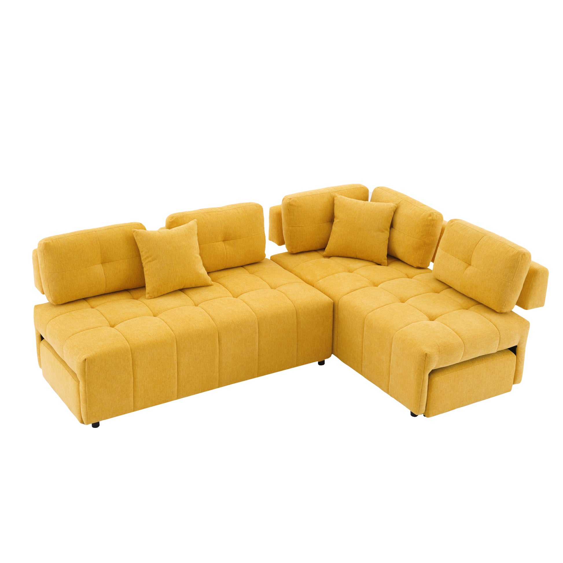 91.73" L Shaped Sofa Sectional Sofa Couch With 2 Stools And 2 Lumbar Pillows For Living Room, Yellow Yellow Chenille