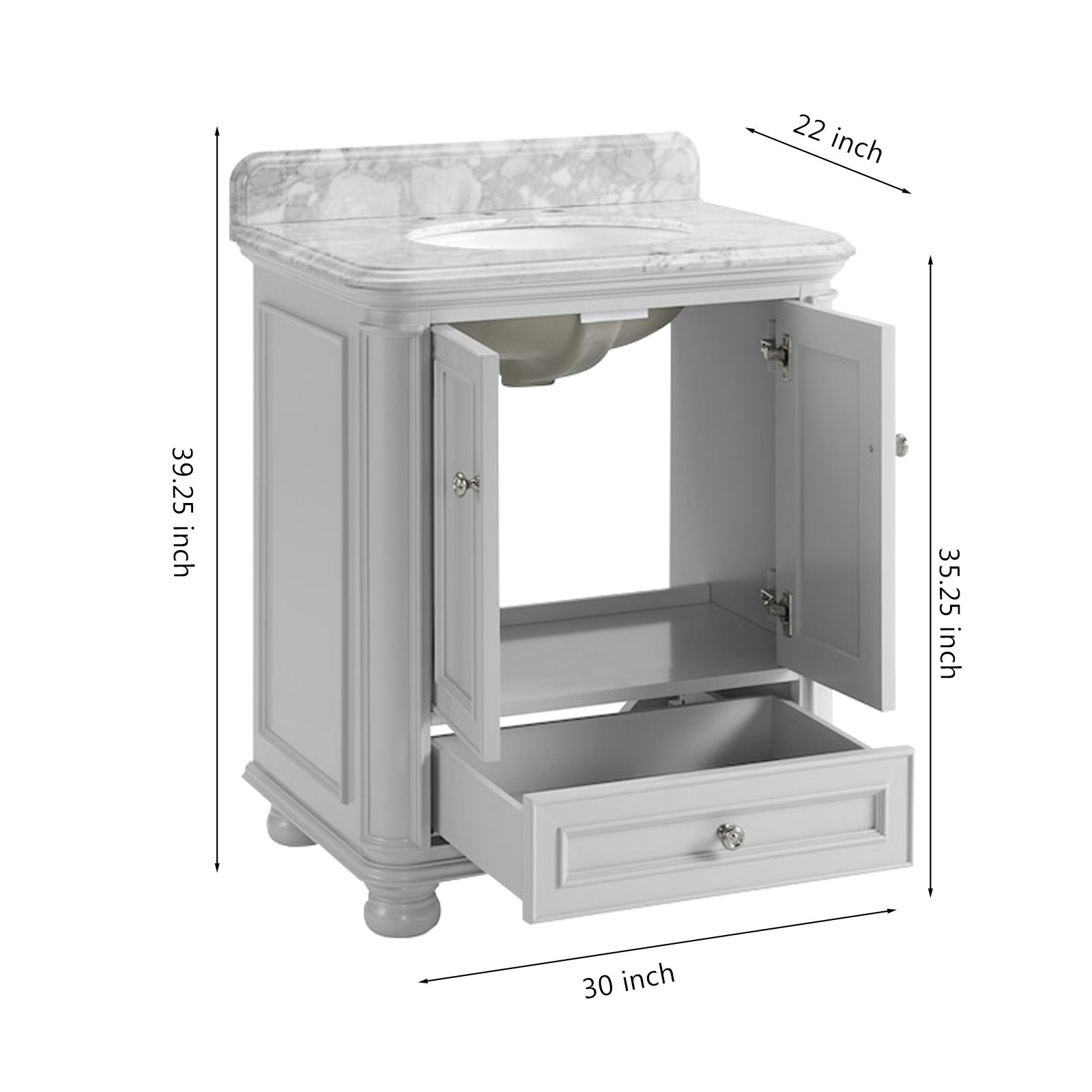 30'' Bathroom Vanity With Carrara Natural Marble Top And Backsplash, Bathroom Storage Cabinet With Doors And Drawers In Grey 1 Gray 2 Rust Resistant Bathroom Freestanding Traditional Mdf