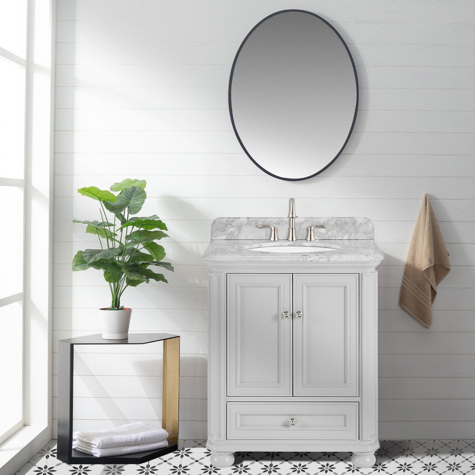 30'' Bathroom Vanity With Carrara Natural Marble Top And Backsplash, Bathroom Storage Cabinet With Doors And Drawers In Grey 1 Gray 2 Rust Resistant Bathroom Freestanding Traditional Mdf