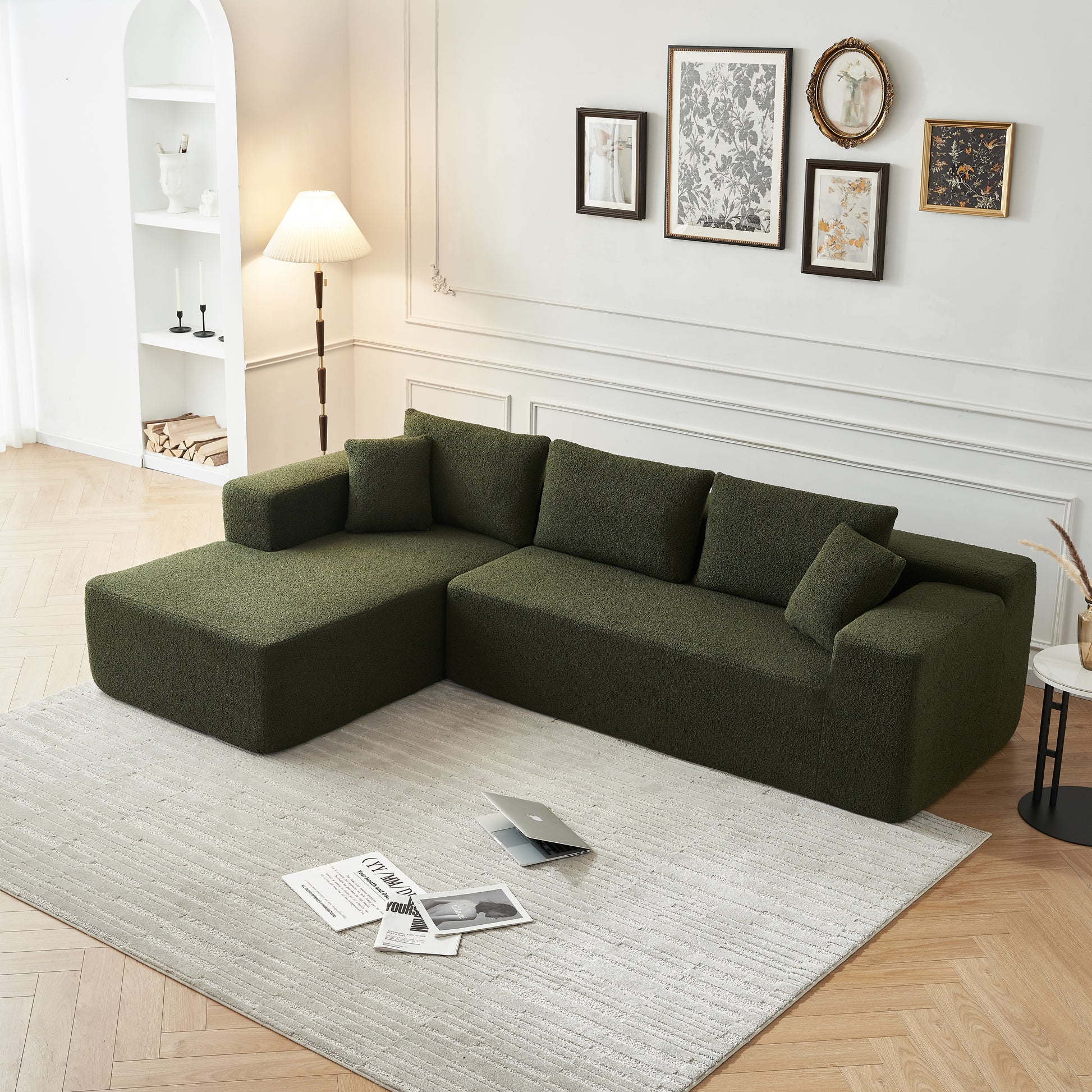 104.33" Sponge Sectional Sofa Couch For Living Room, L Shaped Modern Lamb Modular High Density Sponge Floor Sofa, Sherpa Fabric Sofa Couch With Chaise Lounge, Upholstered Corner Cloud Couch, Green Green Primary Living Space Soft Pillow Back Square Arms