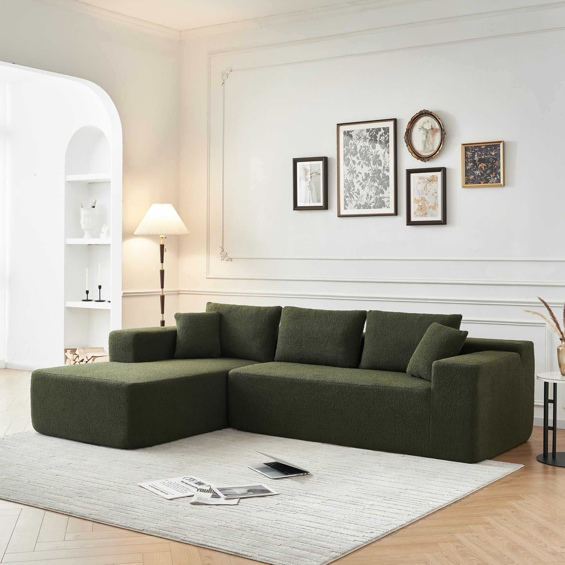 104.33" Sponge Sectional Sofa Couch For Living Room, L Shaped Modern Lamb Modular High Density Sponge Floor Sofa, Sherpa Fabric Sofa Couch With Chaise Lounge, Upholstered Corner Cloud Couch, Green Green Primary Living Space Soft Pillow Back Square Arms