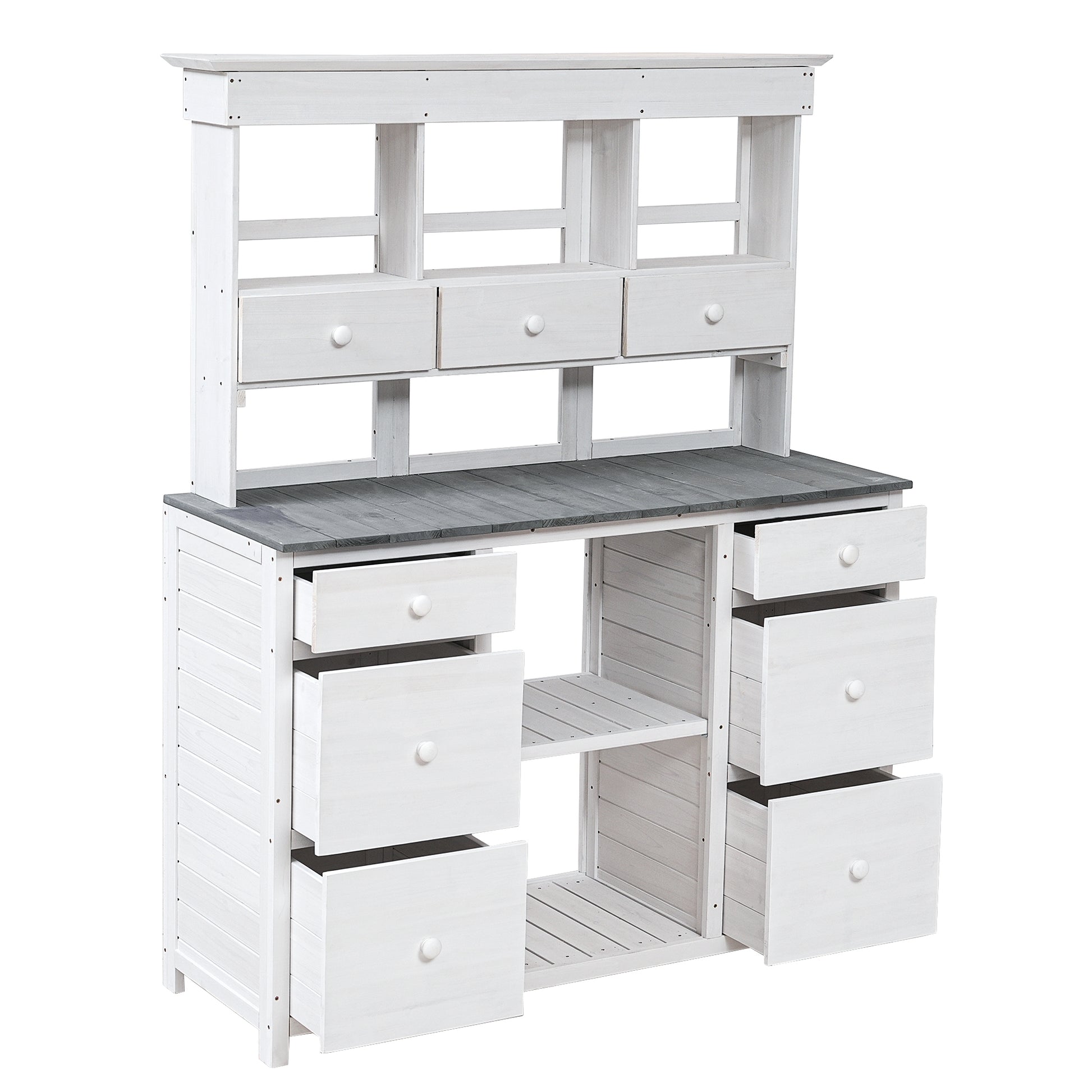 Garden Potting Bench Table, Rustic And Sleek Design With Multiple Drawers And Shelves For Storage, White And Gray White Gray Garden & Outdoor Rustic Wood