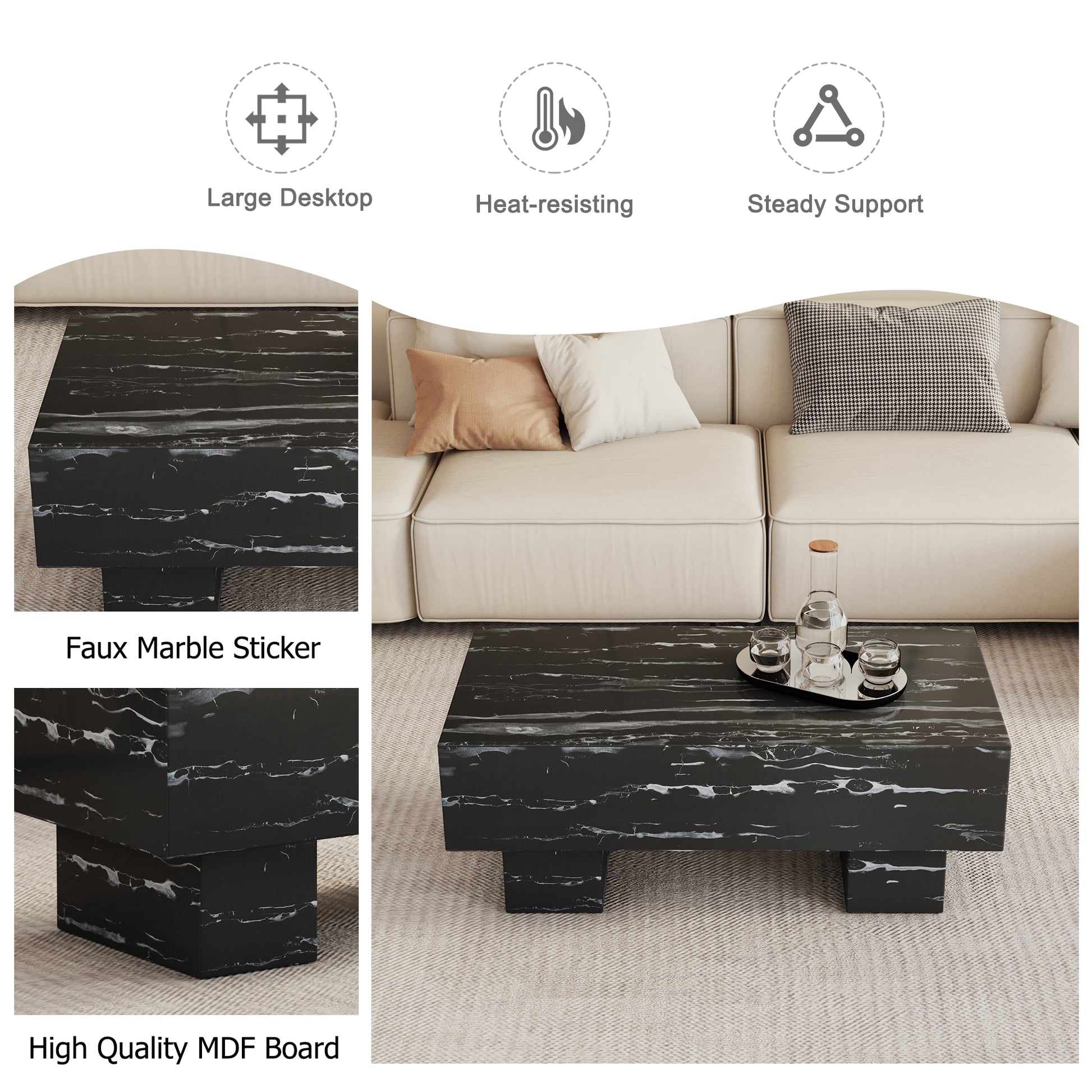 The Black Coffee Table Has Patterns. Modern Rectangular Table, Suitable For Living Rooms And Apartments. 43.3"*21.6"*17.2" Black Mdf