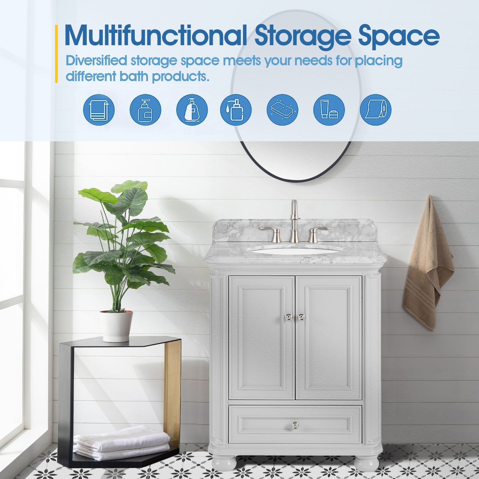 30'' Bathroom Vanity With Carrara Natural Marble Top And Backsplash, Bathroom Storage Cabinet With Doors And Drawers In Grey 1 Gray 2 Rust Resistant Bathroom Freestanding Traditional Mdf