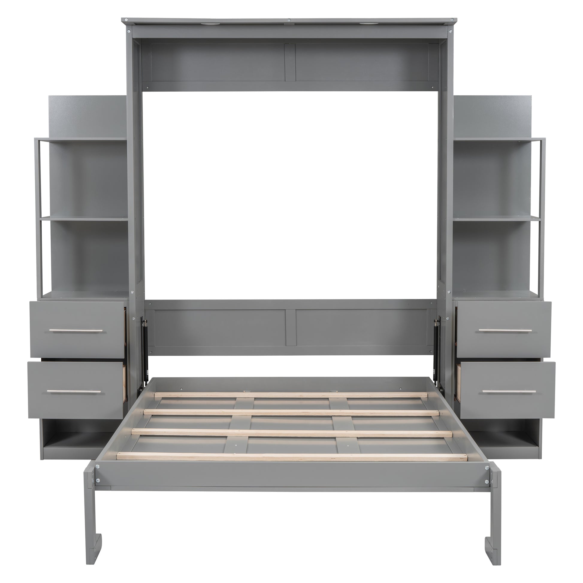 Full Size Murphy Bed Wall Bed With Shelves, Drawers And Led Lights,Gray Gray Mdf Lvl