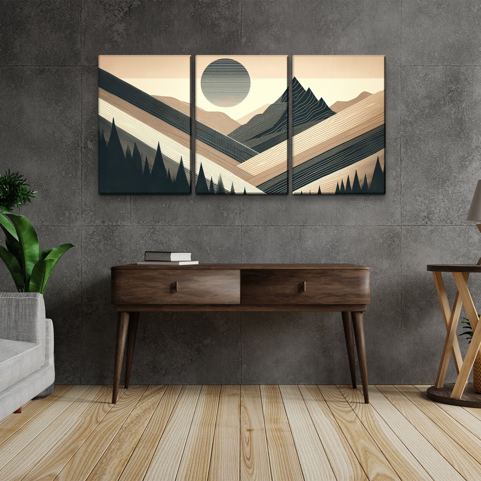 3 Panels Framed Abstract Wood Grain Boho Style Mountain & Forest Canvas Wall Art Decor,3 Pieces Mordern Canvas Decoration Painting For Office,Dining Room,Living Room, Bedroom Decor Ready To Hang