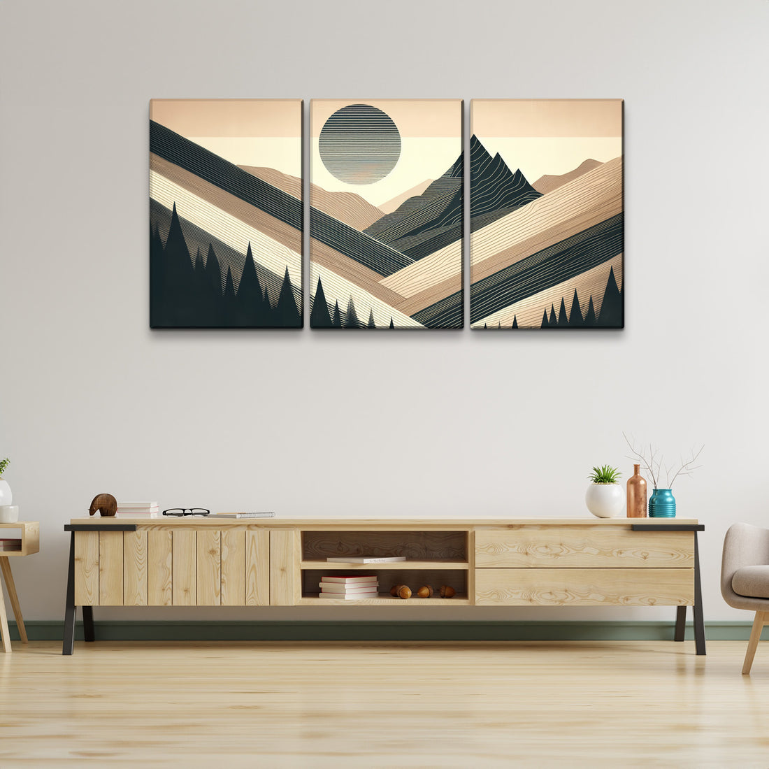 3 Panels Framed Abstract Wood Grain Boho Style Mountain & Forest Canvas Wall Art Decor,3 Pieces Mordern Canvas Decoration Painting For Office,Dining Room,Living Room, Bedroom Decor Ready To Hang