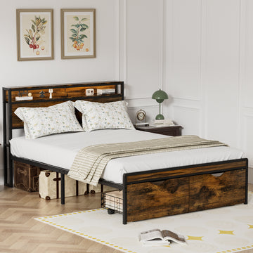 Queen Size Bed Frame With Storage Headboard And 2 Drawers, Led Lights Bed With Charging Station, Metal Platform Bed No Noise, Mattress Foundation Strong Metal Slats Support No Box Spring Needed Box Spring Not Required Queen Antique Brown Iron Brown