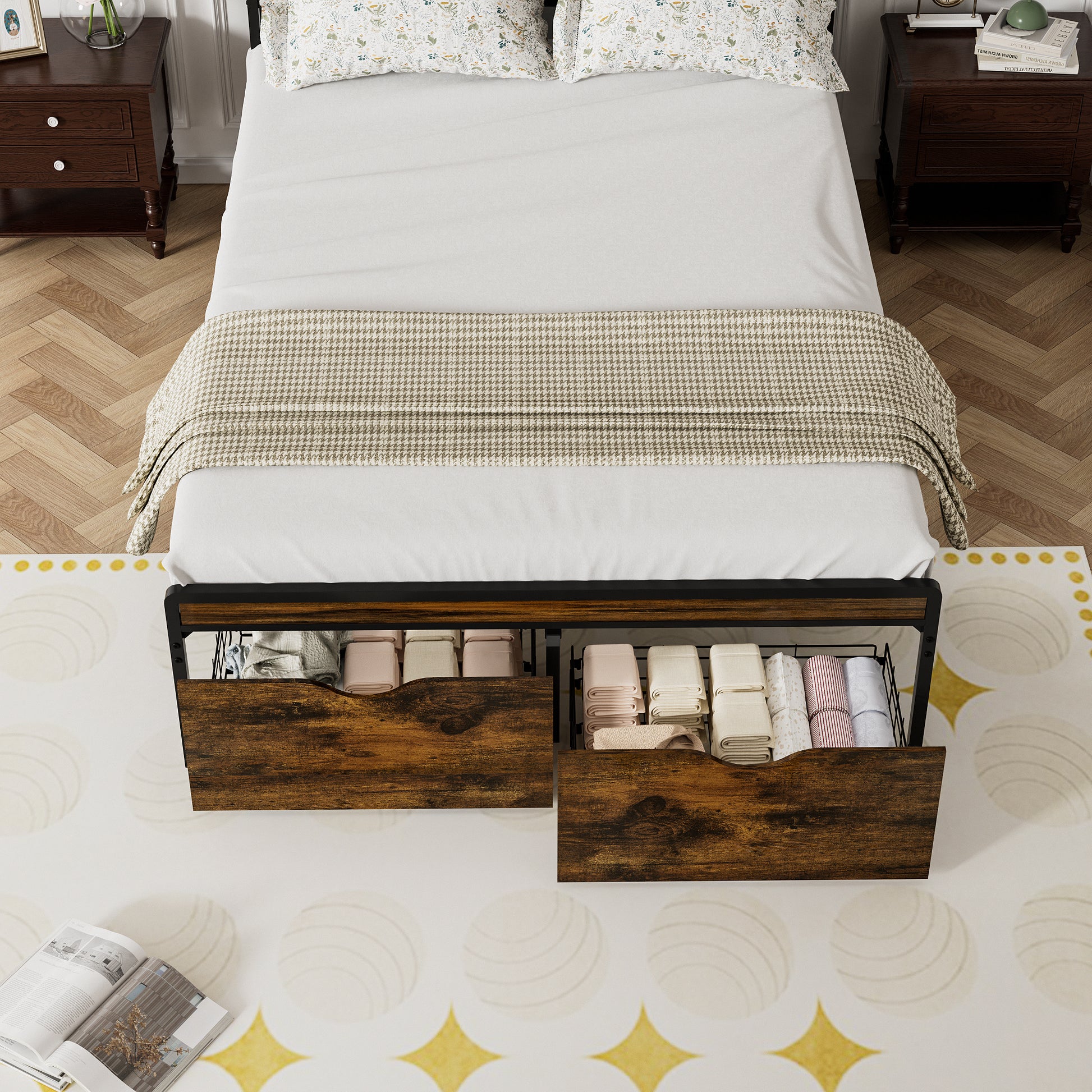 Queen Size Bed Frame With Storage Headboard And 2 Drawers, Led Lights Bed With Charging Station, Metal Platform Bed No Noise, Mattress Foundation Strong Metal Slats Support No Box Spring Needed Box Spring Not Required Queen Antique Brown Iron Brown